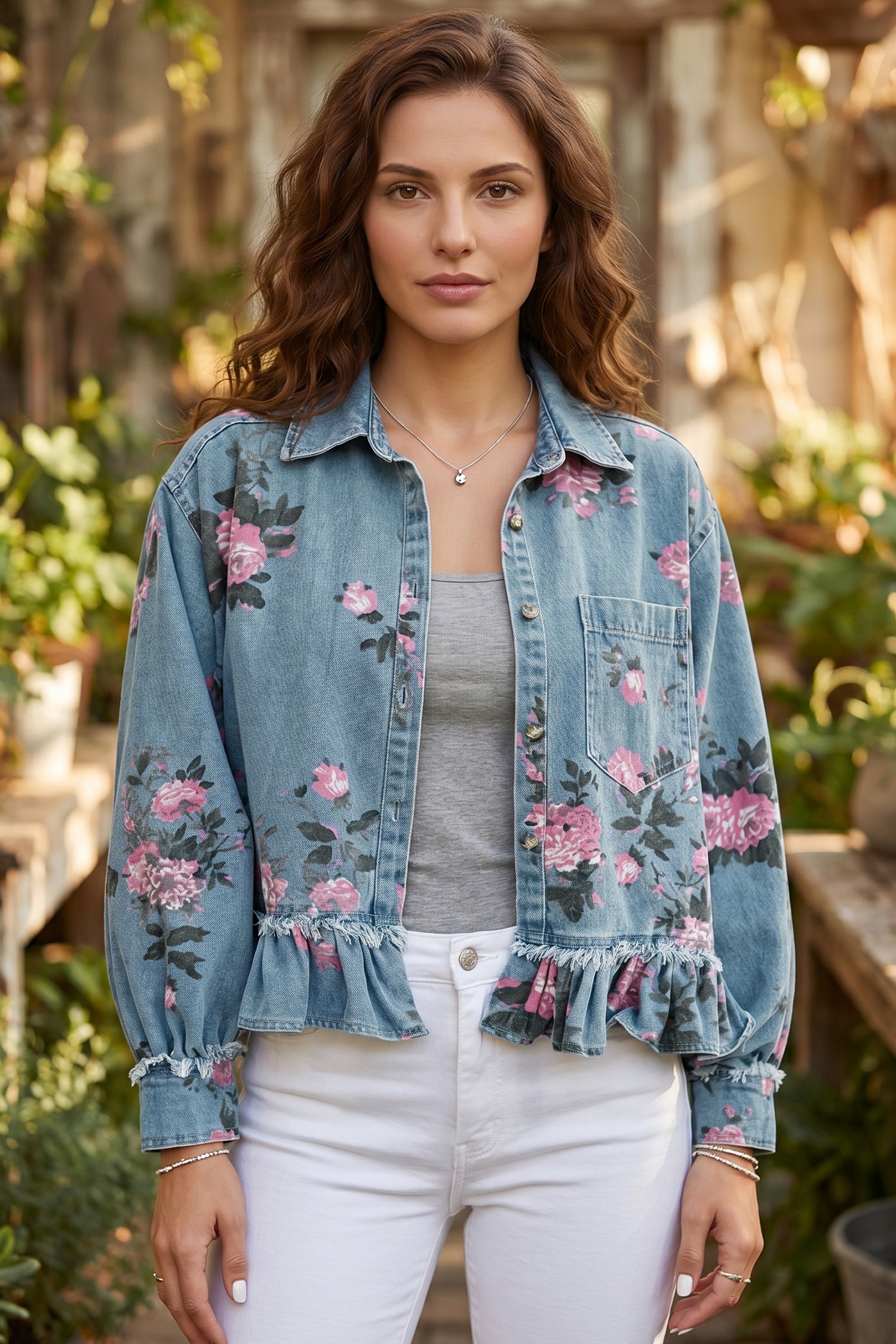 Dunkelblaue Jacke mit Blumenmuster und Rüschen-Saum