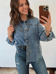Dusk Blue Western Long Sleeve Shirt Collar Tunic Denim Jacket - Miniatuur