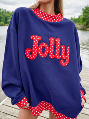 Fiery Red Polka Dot Letter Print Contrast Trim Mock Neck Sweatshirt - Miniatuur