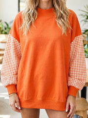 Russet Orange Plaid Sleeve Colorblock Loose Tunic Sweatshirt - Miniatuur
