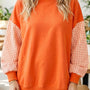 Russet Orange Plaid Sleeve Colorblock Loose Tunic Sweatshirt