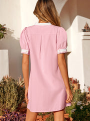 Light Pink Scallop Color Block Trim Puff Sleeve Mini Dress - Miniatuur