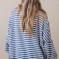Blue Stripe Color Block Trim Raw Seam Split Hem Loose Pullover Sweatshirt - Damesmode Afbeelding 2 - Foto 2