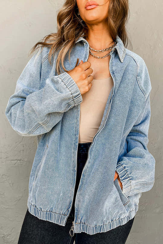 Myosotis-Gummijacke mit Kragenkragen und Reißverschluss-Jeansjacke mit Tasche