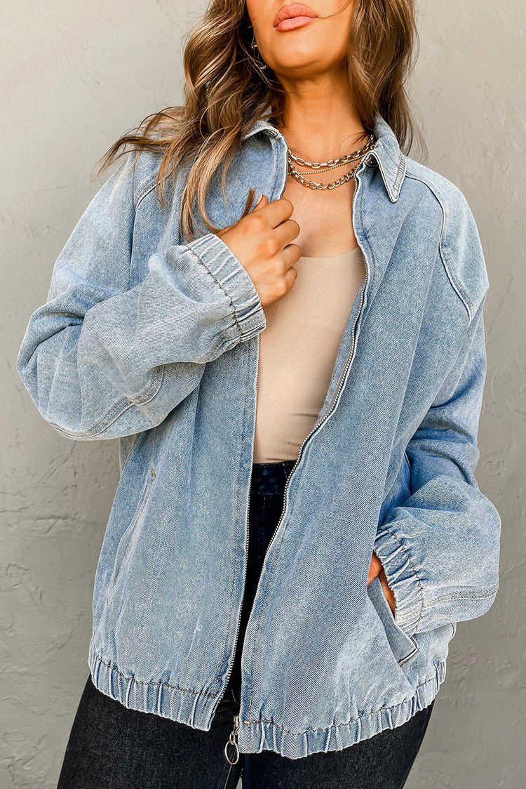 Myosotis Elastic Edge Collared Zip Up Denim Jacket With Pocket - Damesmode