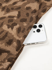 Brown Loose Contrast Striped Accent Leopard T Shirt Mini Dress with Pockets - Damesmode Afbeelding 6 - Miniatuur