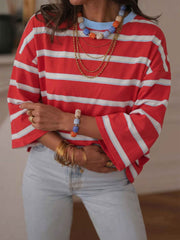 Racing Red Striped Bow Tie Hollowed Back 7/8 Sleeve Casual T-Shirt - Miniatuur
