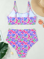 Fato de banho de biquíni de cintura alta com alças finas com estampado floral roxo e renda - Miniatuur