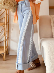 Beau Blue Lace Trim Casual Full-Length Regular Fit Jeans - Women's Fashion Image 1 - Miniatuur