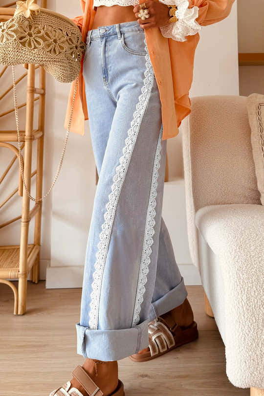 Beau Blue Lace Trim Casual Full-Length Regular Fit Jeans - Women's Fashion Image 1