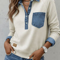 Sleet Denim Collar Patchwork Long Sleeve Pullover Top - Foto 4