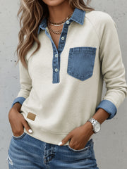 Schneeregen Denim-Kragen-Patchwork-Langarmpullover Top - Miniatuur