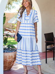 Sky Blue Stripe Ricrac Trim Notched Neck Half Sleeve Vacation Dress - Miniatuur