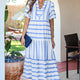 Sky Blauw Stripe Ricrac Trim Notched Neck Half Sleeve Vacation Jurk