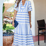 Sky Blue Stripe Ricrac Trim Notched Neck Half Sleeve Vacation Dress