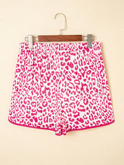 Pink Leopard Elastic Waistband Lace up Contrast Trim Casual Shorts - Miniatuur