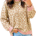 Khaki Leopard Polka Dot Colorblock Trim Long Sleeve Top - Foto 2