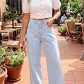 Beau Blue Studded Side Slit Leg Frayed Pocketed Wide Leg Jeans - Damesmode Afbeelding 4 - Foto 4