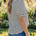 Black Stripe Short Puff Sleeve Color Block Polo Collar Blouse - Damesmode Afbeelding 2 - Foto 2
