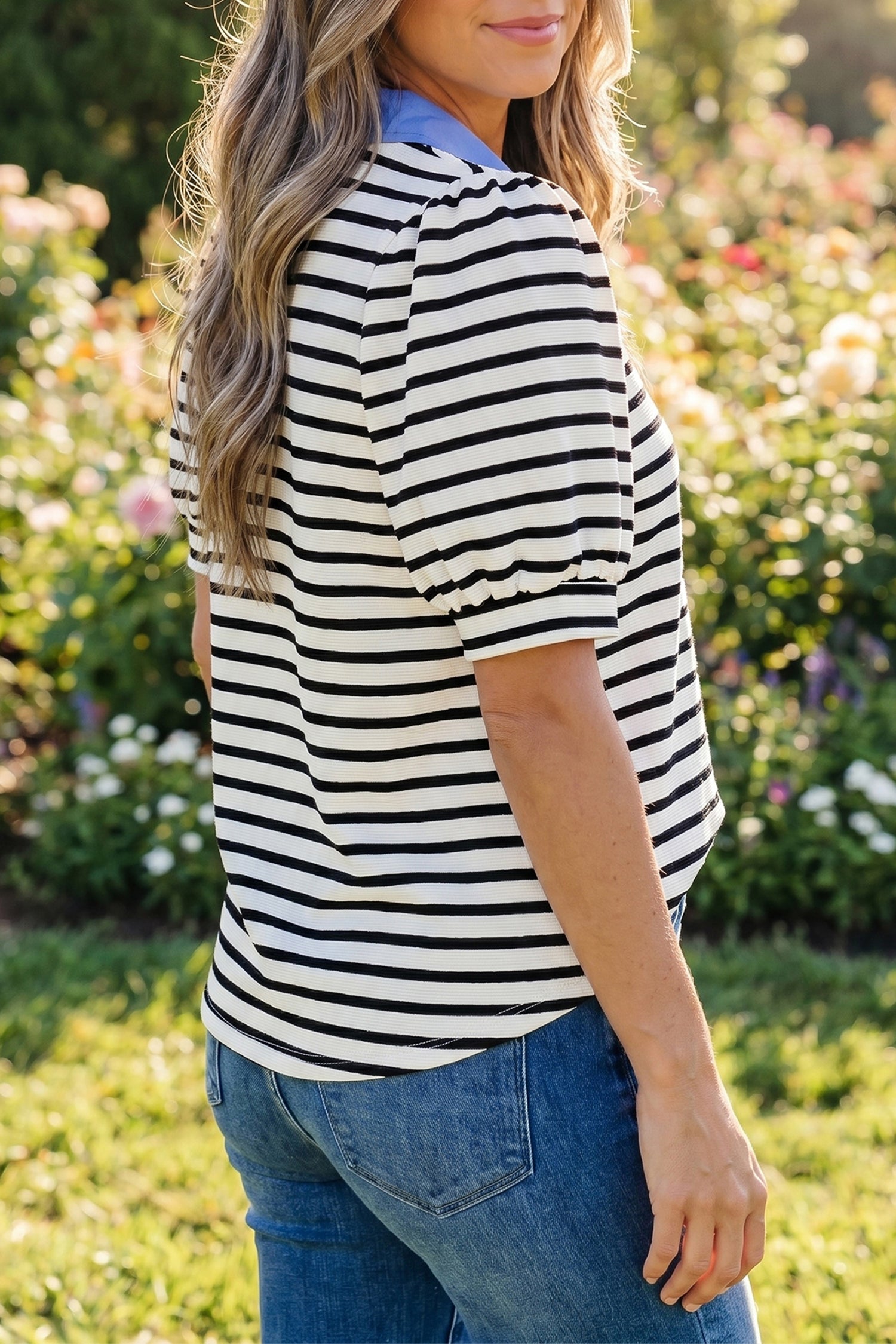 Black Stripe Short Puff Sleeve Color Block Polo Collar Blouse - Damesmode Afbeelding 2