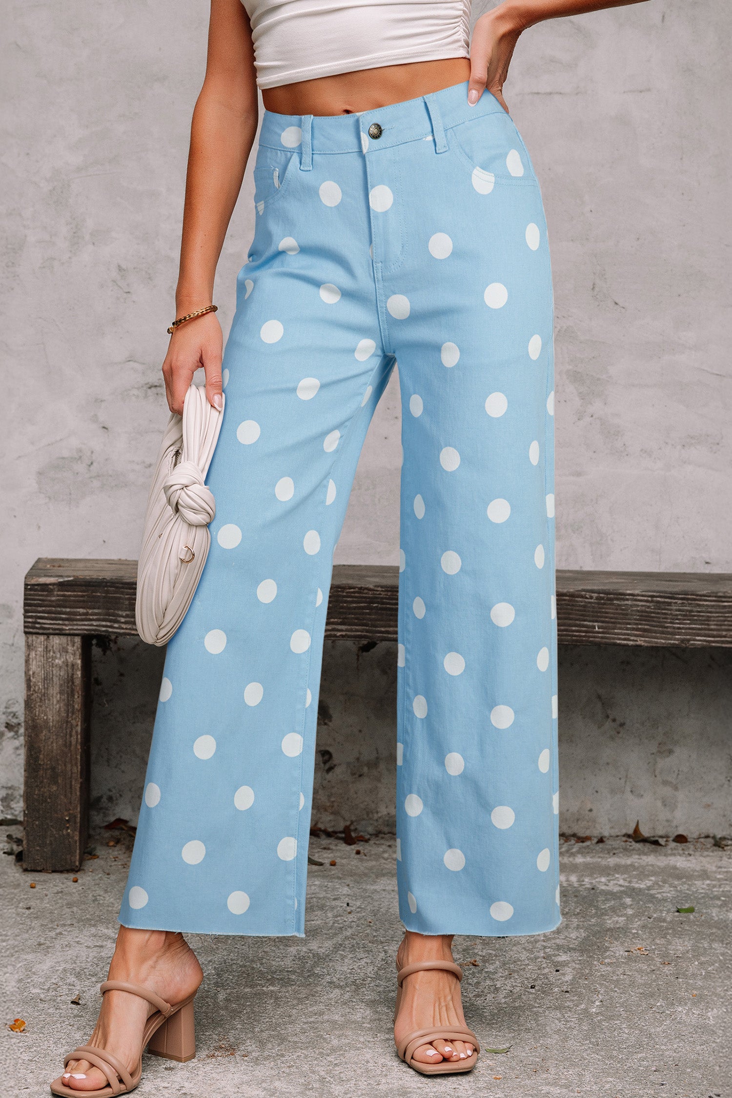 Jeans Sky Color Cast, Fondo A Pois Grizzo Stampa Blu Cielo