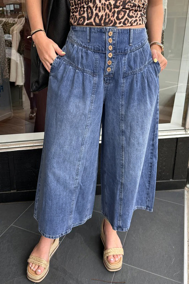 Dämmerungsblaue High Rise Knöpfe mit plissierten, geschnittenen, weit beschienenen Jeanshosen - Damesmode