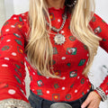 Fiery Red Christmas Elements Printed Long Sleeve Sheer Mesh Top - Foto 3