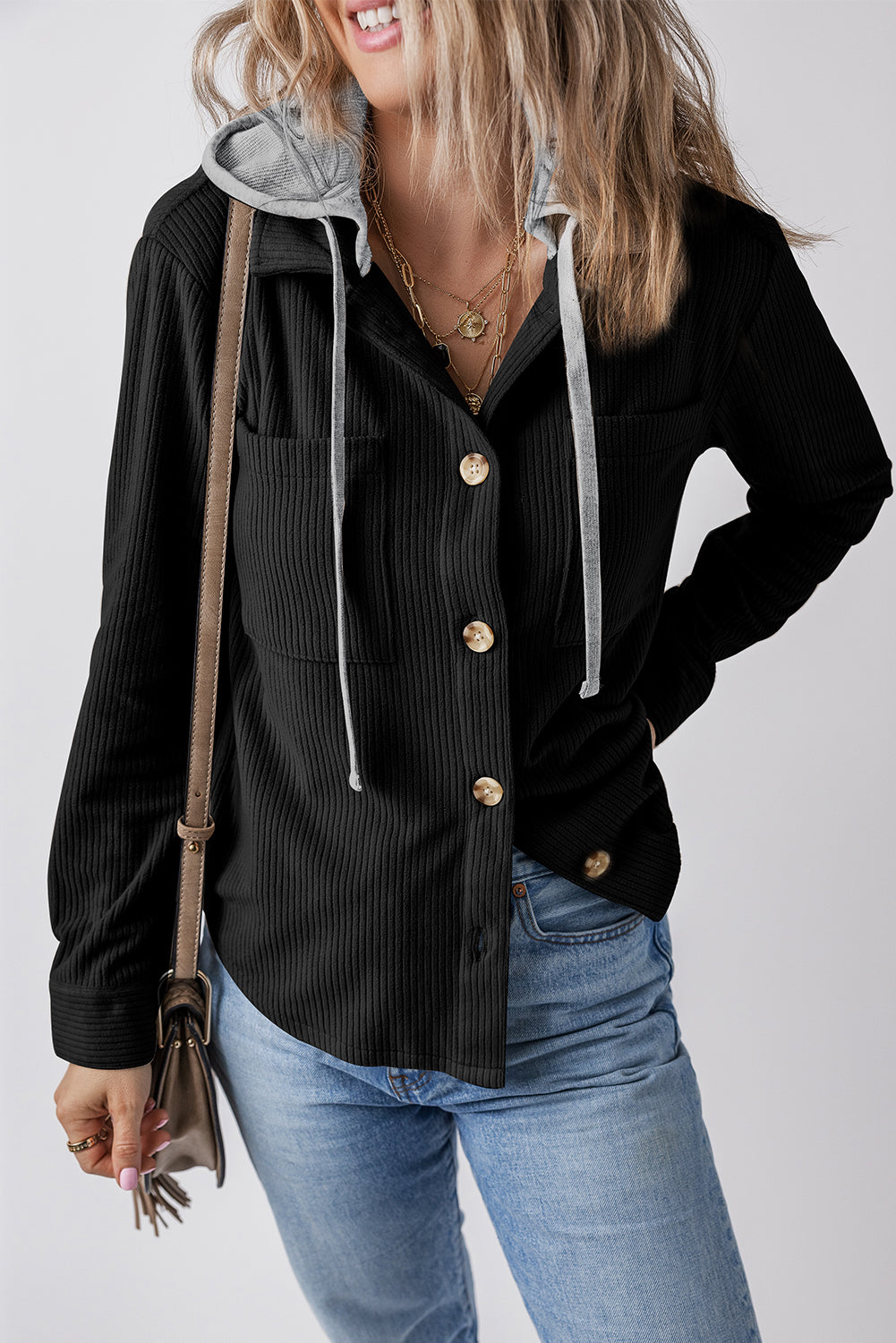 Black Hooded Drawstring Pockets Corduroy Shacket - Women's Fashion Image 3