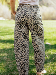 Khaki-Leopardenmuster mit Kordelzug, elastische Taille, lockere Jeanshosen mit Taschen - Miniatuur