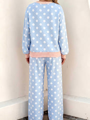 Khaki Polka Dot Contrast Trim Long Sleeve Top Drawstring Shift Pants Set - Miniatuur