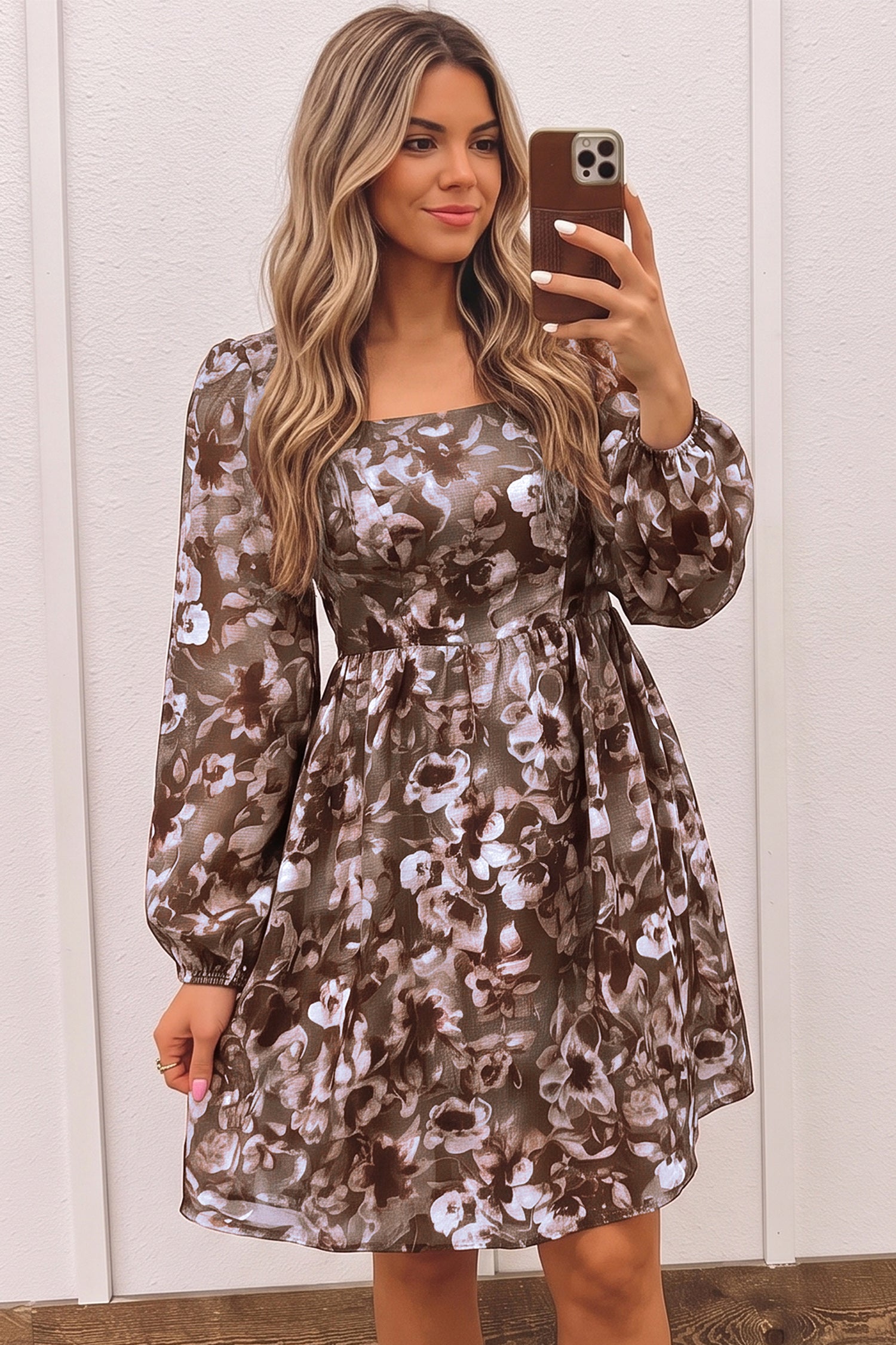 Brown Abstract Floral Print Square Neck Long Sleeve Mini Shift Dress - Damesmode Afbeelding 3