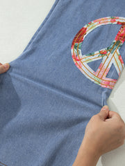 Myosotis Floral Peace Sign Embroidered Patch Wide Leg Jeans - Miniatuur