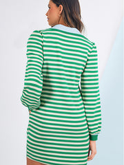 Green Striped Contrast Collar Split Neck Long Sleeve Mini Dress - Miniatuur