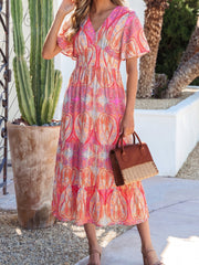 Multicolour Paisley Print V-Neck Short Sleeve Boho Maxi Dress with Ruffle Details - Miniatuur