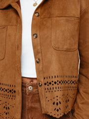 Thai Curry Solid Color Faux Suede Hollowed Detail Retro Style Jacket - Miniatuur