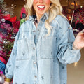Sky Blue Stars Pattern Long Sleeve Shirt Collar Denim Jacket - Foto 5