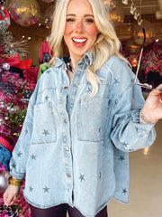 Sky Blue Stars Pattern Long Sleeve Shirt Collar Denim Jacket - Miniatuur