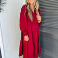 Rennrotes Einfarbiges Rüschen-Outfit Langärmeliges gestuftes Shift-Midi-Kleid - Foto 6