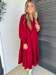 Racing Red Solid Color Ruffle Trim Long Sleeve Tiered Shift Midi Dress - Miniatuur