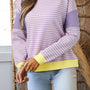 Lila Stripe Contrast Trim Farbblock Patchwork Cut Cut Shoulder Strickoberteil