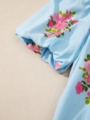 Himmelsblå blommig klänning med kontrast i Ricrac-detalj med bubble sleeve - Miniatuur