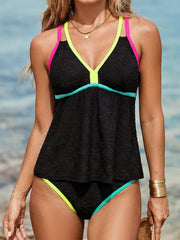 Schwarzes Blumen-Strukturiertes Neon-Trim V-Ausschnitt Rückenloses Tankini-Set – Damesmode Afbeelding 1 - Miniatuur