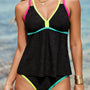 Zwart Gebloemde Texturierter Neon-Trimm V-Hals Crisscross Rückenloses Tankini-Set