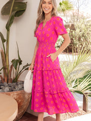 Rose Double Polka Dot Short Sleeve Shirred High Waist Midi Dress - Miniatuur