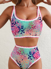 Pink Leopard Ricrac Trim Square Neck High Waist Bikinich - Miniatuur