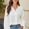White Ruffle Elastic Cuffs Puffy Long Sleeve Button Down Shirt - Foto 6