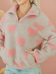 Sweat-shirt gris Sherpa à nœud nuit à fermeture éclair à épaules tombantes ample - Miniatuur