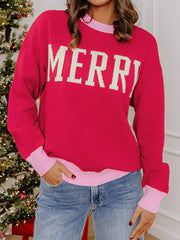 Red Drop Shoulder Round Neck Letter Print Colorblock Sweater - Miniatuur