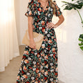 Sky Blue Fiery Floral Print Frilled V Neck Short Sleeve Maxi Dress - Foto 6