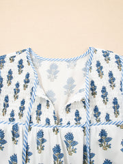 Sky Blue Floral Puff Sleeve Tied Neck Pocketed Mini Dress - Miniatuur
